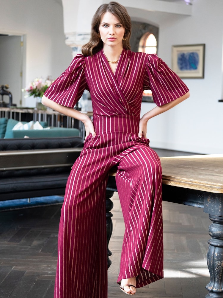 Hot Squash Red Wide Leg Gold Stripe Jumpsuit - Image 2 of 6