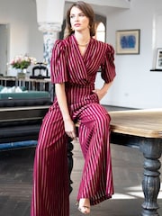 Hot Squash Red Wide Leg Gold Stripe Jumpsuit - Image 5 of 6