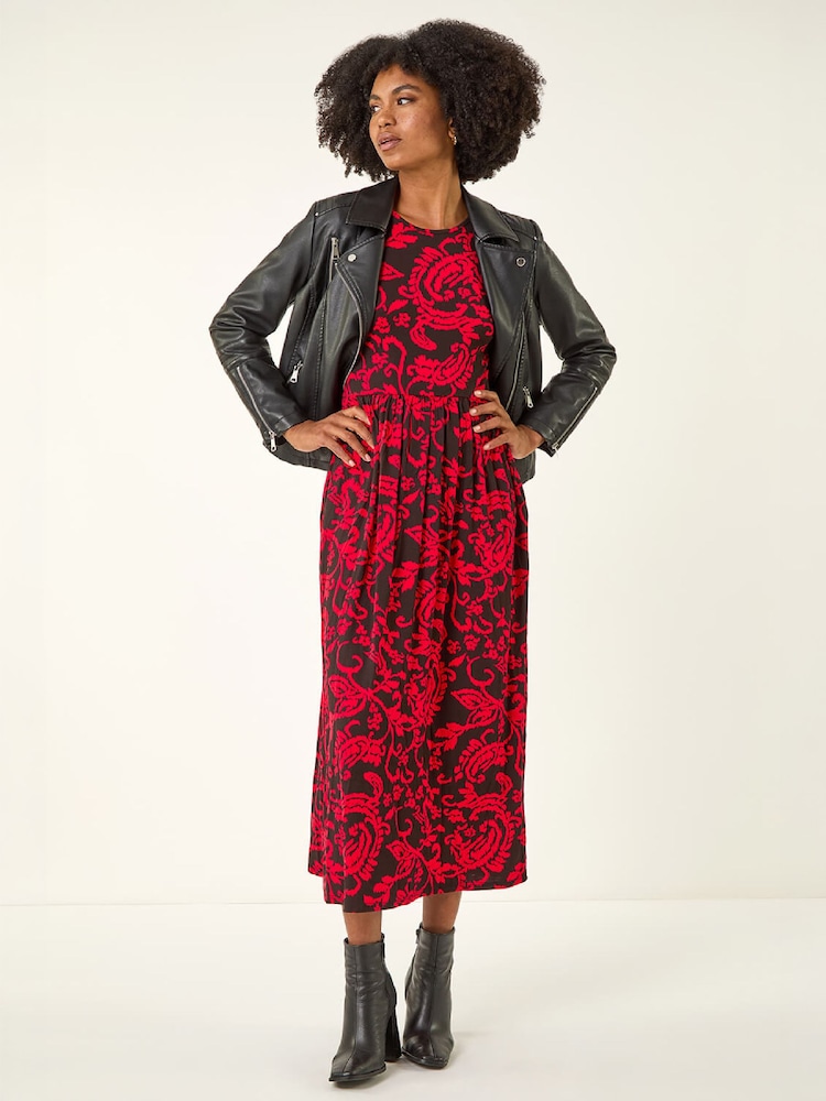 Roman Red Paisley Print Pocket Midi Stretch Dres - Image 2 of 5 Roman Red Paisley Print Pocket Midi Stretch Dres - Image 2 of 5
