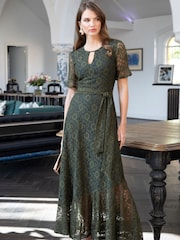 Hot Squash Green Keyhole Lace Dress with Asymmetric Hem - Image 1 of 5