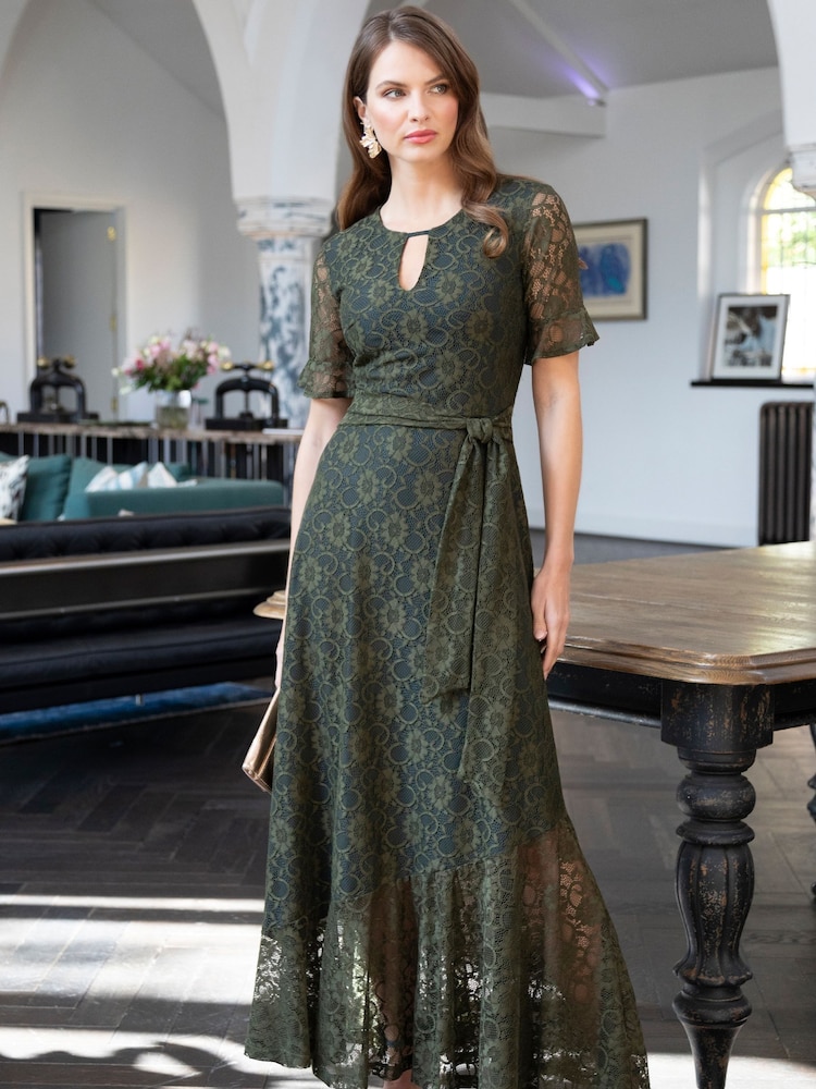 Hot Squash Green Keyhole Lace Dress with Asymmetric Hem - Image 1 of 5