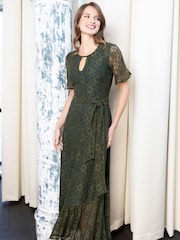 Hot Squash Green Keyhole Lace Dress with Asymmetric Hem - Image 3 of 5