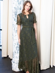 Hot Squash Green Keyhole Lace Dress with Asymmetric Hem - Image 4 of 5