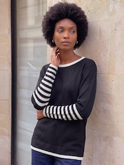 Μαύρο - Roman Contrast Rige Detail Knit Πουλόβερ - Εικόνα 1 από 4