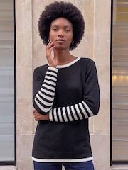 Μαύρο - Roman Contrast Rige Detail Knit Πουλόβερ - Εικόνα 3 από 4