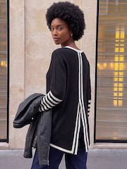 Μαύρο - Roman Contrast Rige Detail Knit Πουλόβερ - Εικόνα 4 από 4