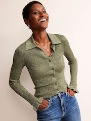 Boden Green Sparkle-Rib Collared Cardigan - Image 1 of 6