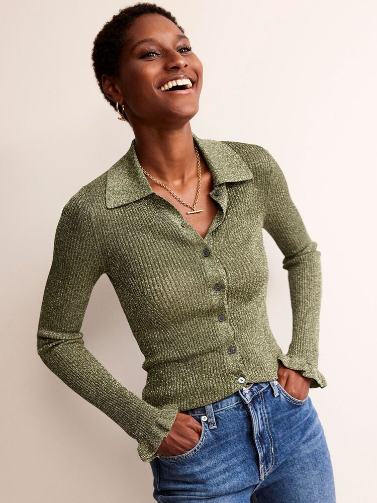 Boden Green Sparkle-Rib Collared Cardigan - Image 1 of 6