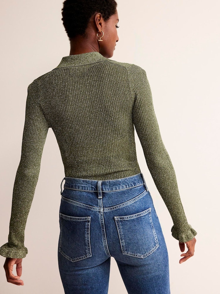 Boden Green Sparkle-Rib Collared Cardigan - Image 2 of 6