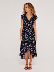 Apricot Blue Botanical Ruffle Wrap Midi Dress - Image 1 of 5