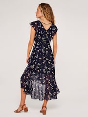 Apricot Blue Botanical Ruffle Wrap Midi Dress - Image 2 of 5