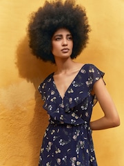 Apricot Blue Botanical Ruffle Wrap Midi Dress - Image 5 of 5