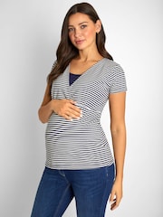 JoJo Maman Bébé Blue White Stripe & Navy Blue 2-Pack Maternity & Nursing T-Shirts - Image 3 of 10