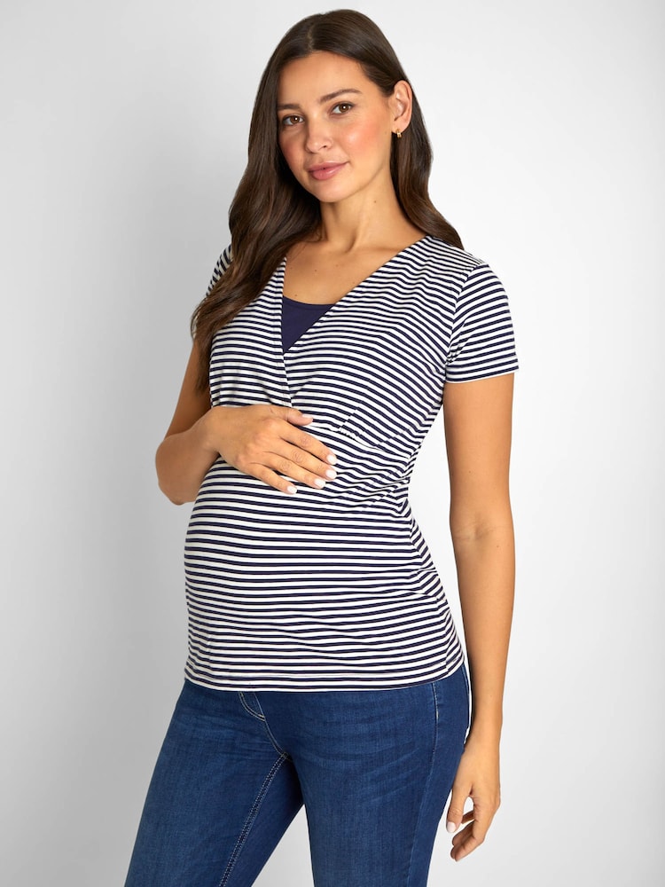 Blauw-wit gestreept en marineblauw - JoJo Maman Bébé - 2 Zwangerschaps- en borstvoedings-T-shirts - Image 3 of 10