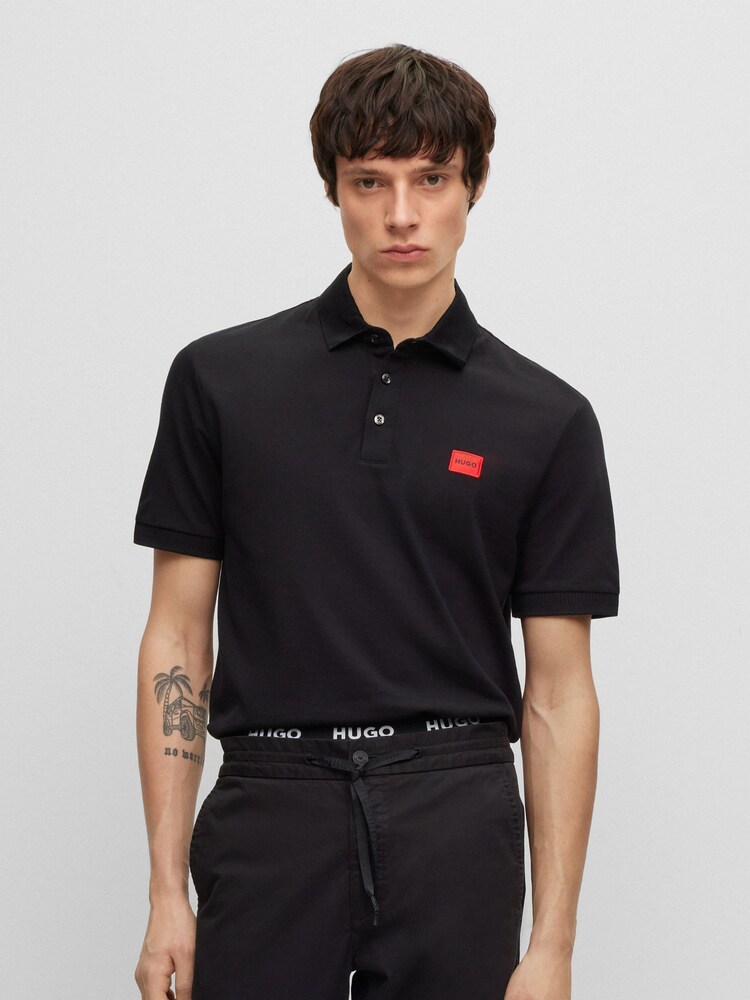 HUGO Black Cotton Box Logo Pique 100% Cotton Polo Shirt - Image 1 of 5