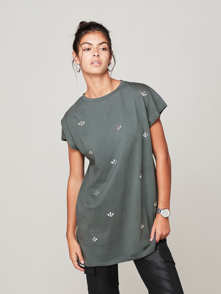 Grey Short Sleeve Gem Diamanté T-Shirt - Image 1 of 6