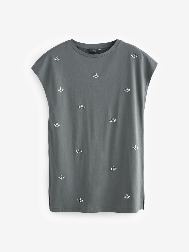 Grey Short Sleeve Gem Diamanté T-Shirt - Image 5 of 6