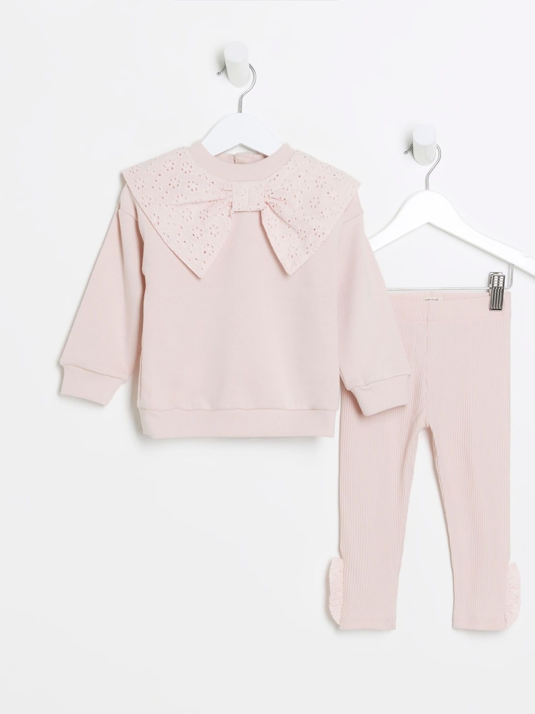 River Island Pink Girls Broderie Bow 100% Cotton Sweatshirt Set - Image 1 of 5