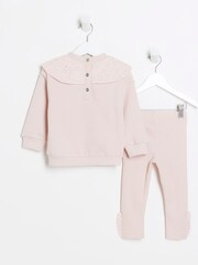 River Island Pink Girls Broderie Bow 100% Cotton Sweatshirt Set - Image 2 of 5
