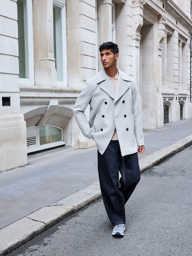 Light Grey Soft Touch Peacoat with Wool - Image 2 of 9