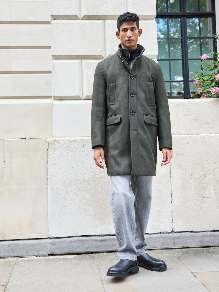 Khaki Green Wool Blend Mock Gilet Herringbone Padded Coat - Image 2 of 10