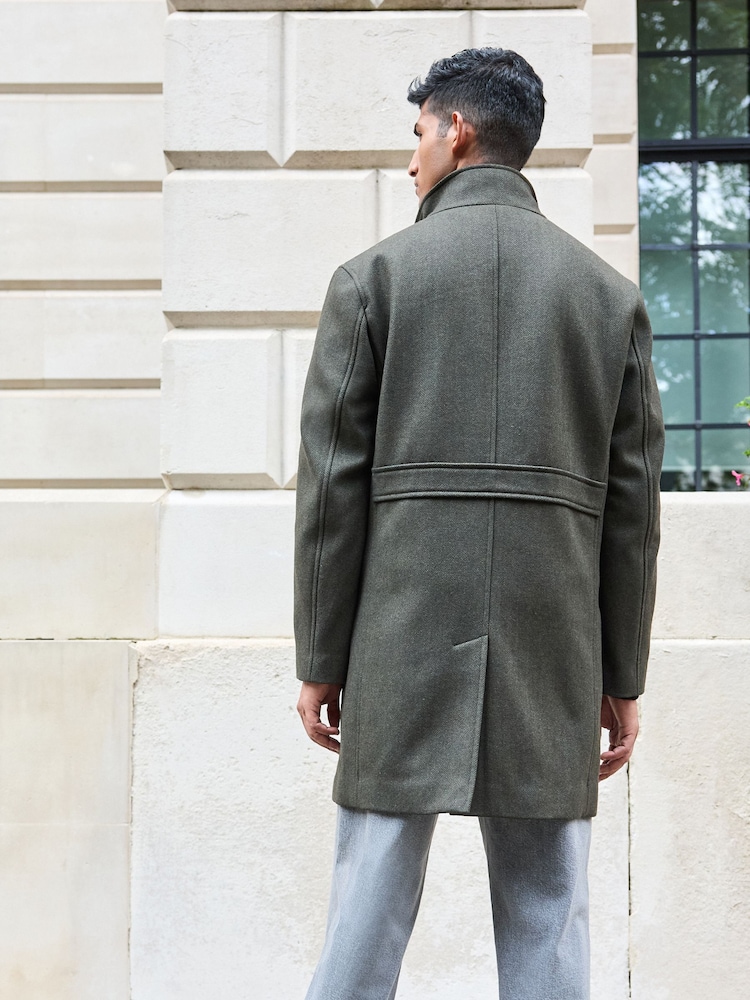 Khaki Green Wool Blend Mock Gilet Herringbone Padded Coat - Image 3 of 10