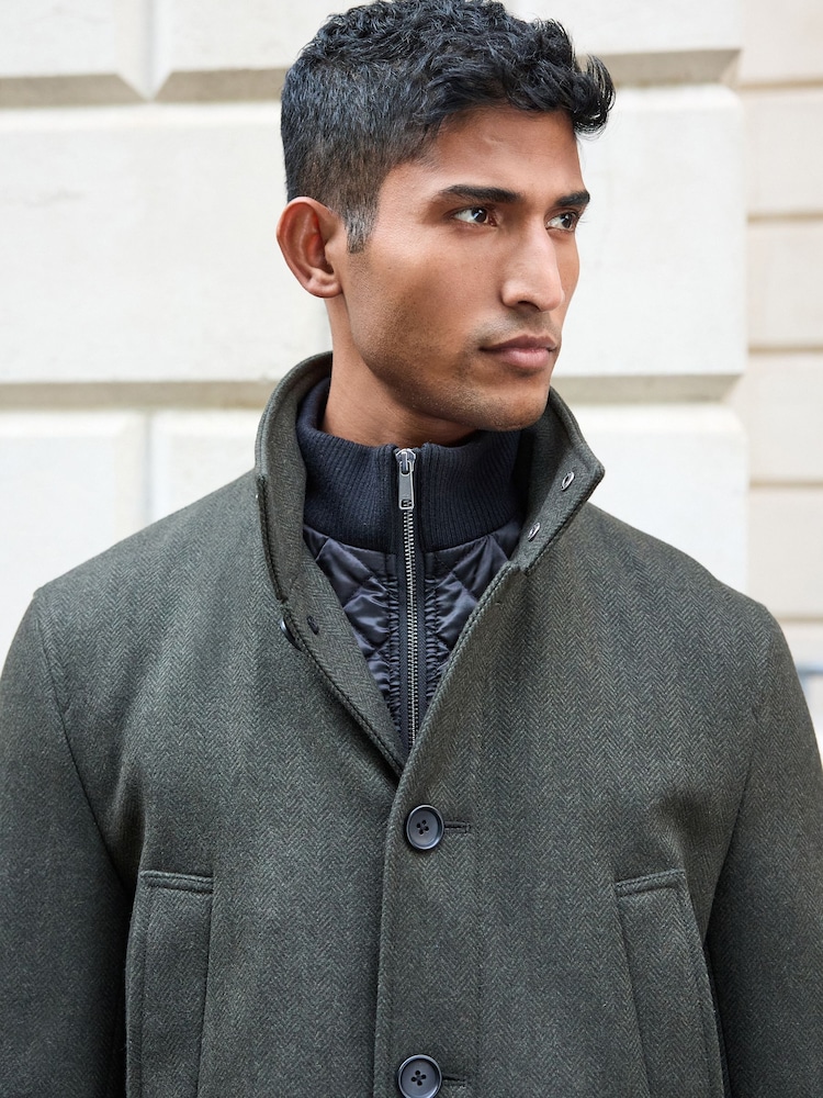 Khaki Green Wool Blend Mock Gilet Herringbone Padded Coat - Image 4 of 10