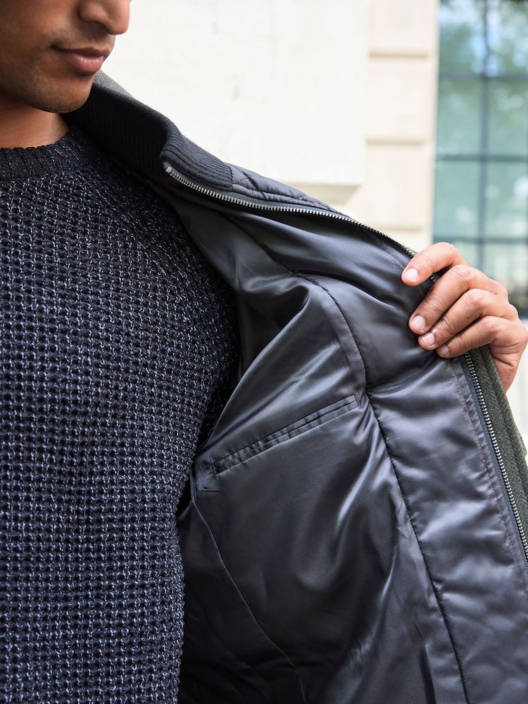 Khaki Green Wool Blend Mock Gilet Herringbone Padded Coat - Image 5 of 10
