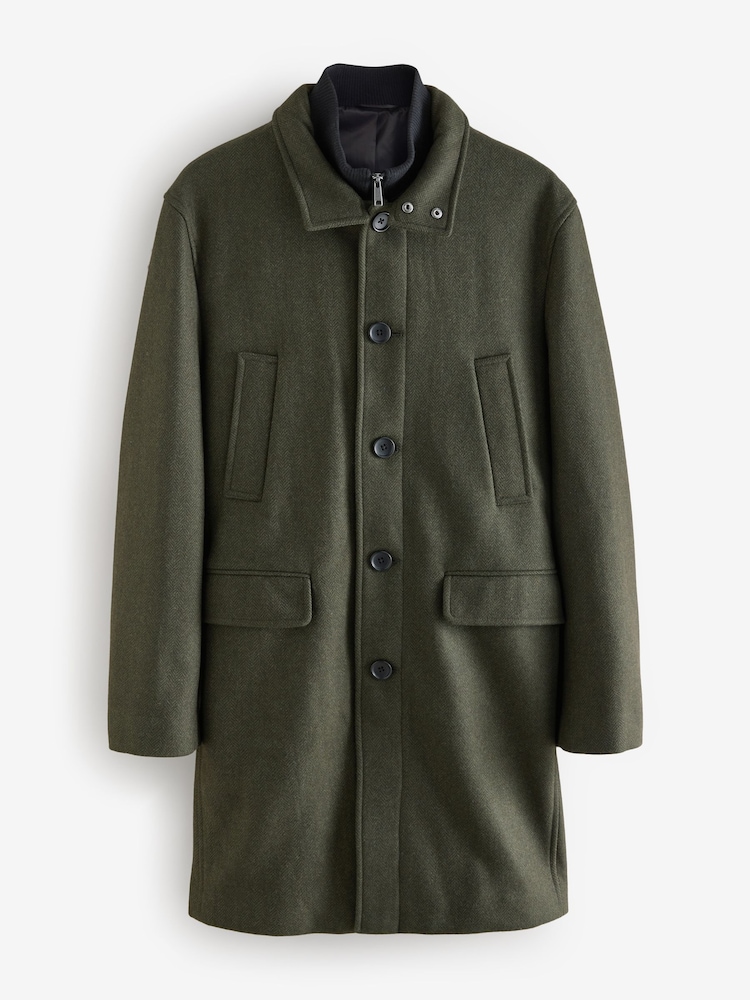 Khaki Green Wool Blend Mock Gilet Herringbone Padded Coat - Image 6 of 10
