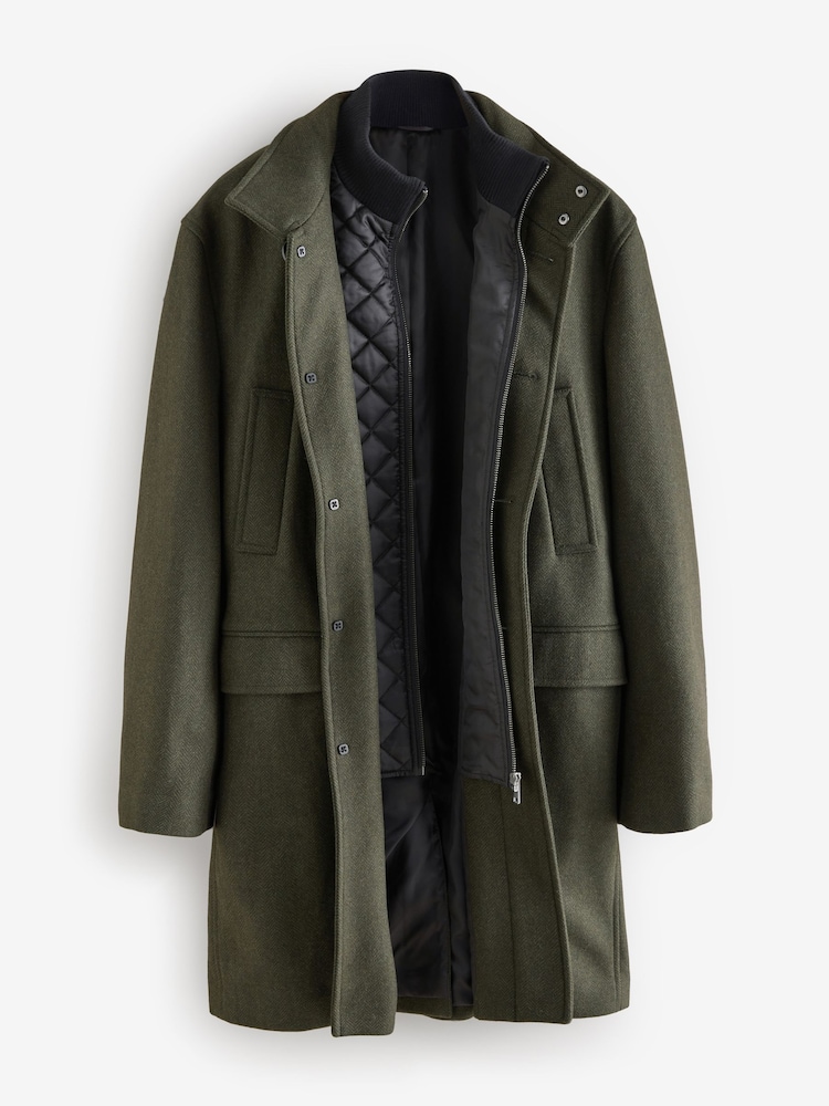 Khaki Green Wool Blend Mock Gilet Herringbone Padded Coat - Image 7 of 10