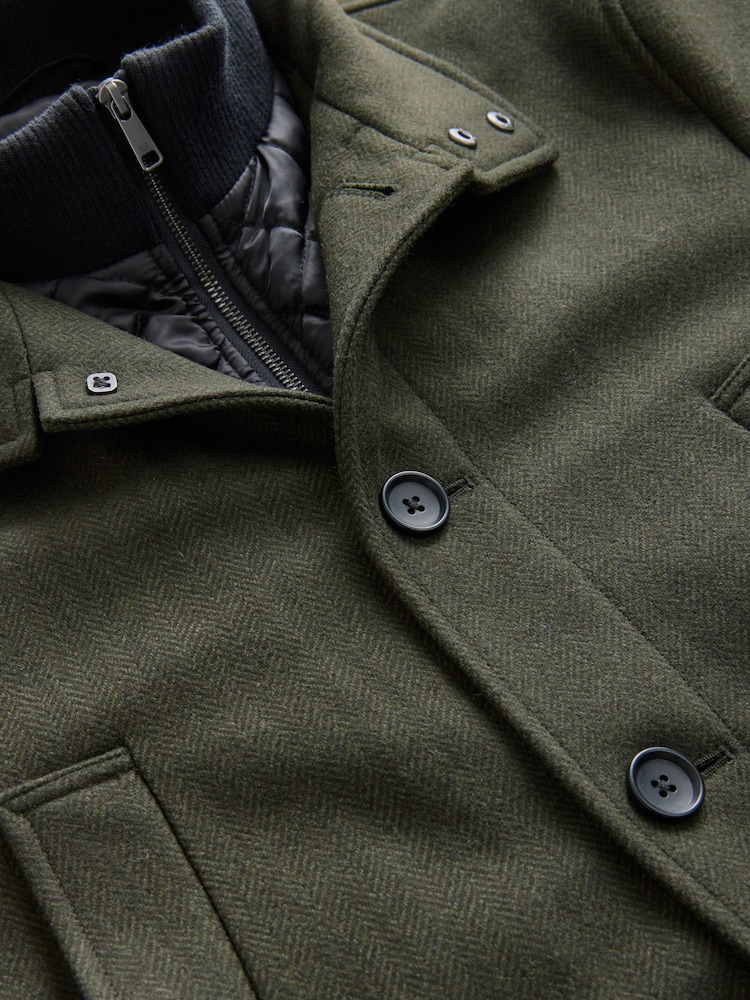 Khaki Green Wool Blend Mock Gilet Herringbone Padded Coat - Image 9 of 10