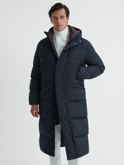 Reiss Navy Gate Quilted Long Hooded Coat - Image 1 of 7