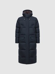 Reiss Navy Gate Quilted Long Hooded Coat - Image 2 of 7