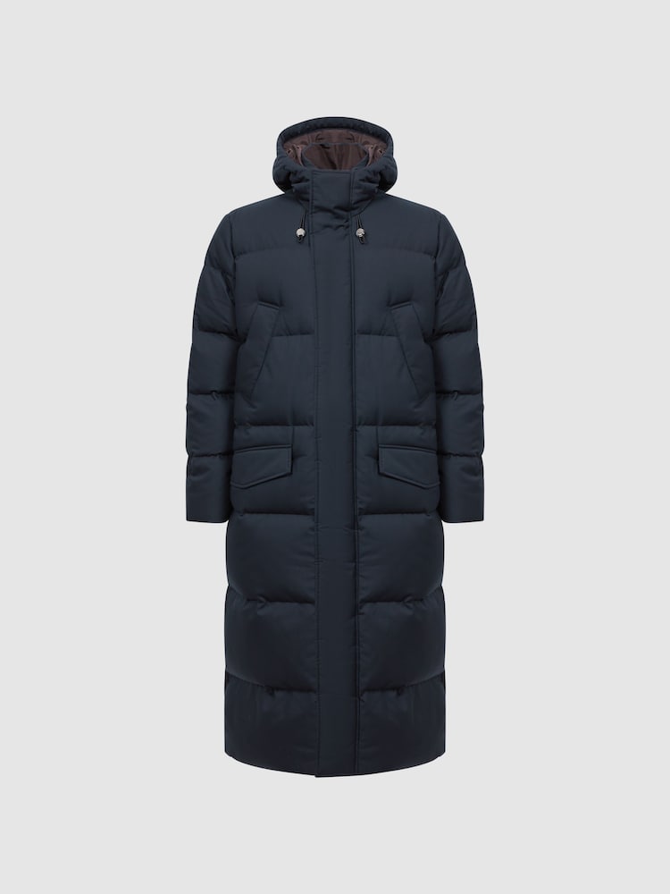 Reiss Navy Gate Quilted Long Hooded Coat - Image 2 of 7