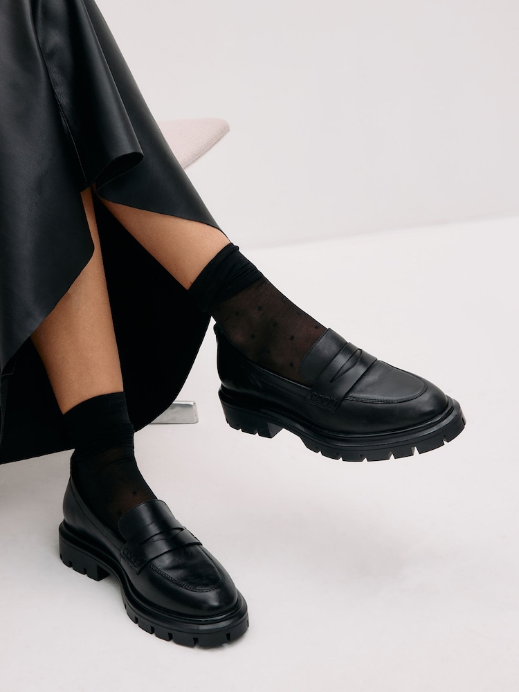 Black Forever Comfort Leather Cleated Sole Loafer Shoes - Image 1 of 8