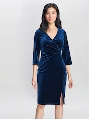 Gina Bacconi Blue Rachael Velvet Dress With Gold Trim - Image 1 of 6