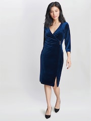 Gina Bacconi Blue Rachael Velvet Dress With Gold Trim - Image 3 of 6