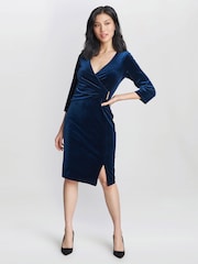 Gina Bacconi Blue Rachael Velvet Dress With Gold Trim - Image 5 of 6