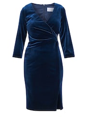 Gina Bacconi Blue Rachael Velvet Dress With Gold Trim - Image 6 of 6