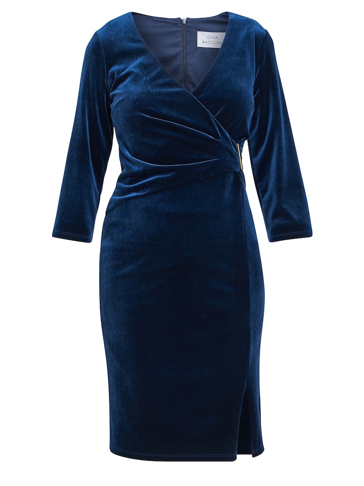 Gina Bacconi Blue Rachael Velvet Dress With Gold Trim - Image 6 of 6 Gina Bacconi Blue Rachael Velvet Dress With Gold Trim - Image 6 of 6
