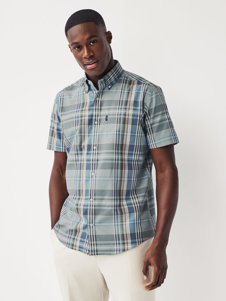 Sage Green Madras Check Easy Iron Button Down Short Sleeve Oxford Shirt - Image 1 of 5