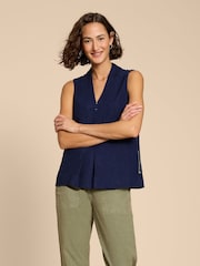 White Stuff Blue Celia Jersey Mix Blouse With Linen - Image 1 of 7