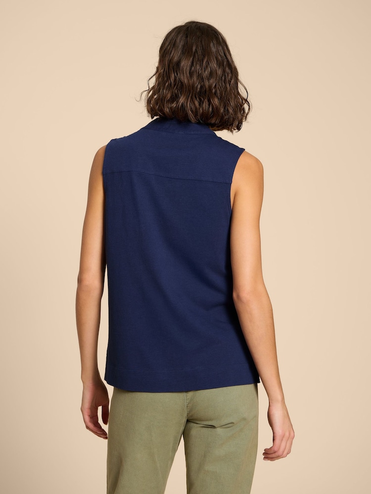 White Stuff Blue Celia Jersey Mix Blouse With Linen - Image 2 of 7