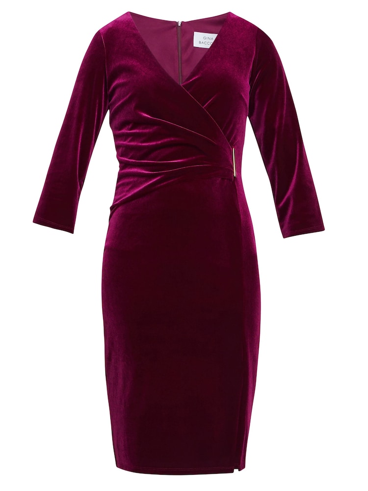Gina Bacconi Red Rachael Velvet Dress With Gold Trim - Image 5 of 5