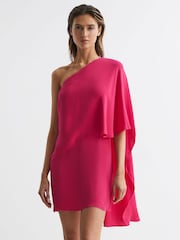 Reiss Bright Pink Blake One Shoulder Cape Mini Dress - Image 1 of 6
