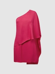 Reiss Bright Pink Blake One Shoulder Cape Mini Dress - Image 2 of 6