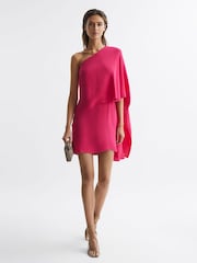 Reiss Bright Pink Blake One Shoulder Cape Mini Dress - Image 3 of 6