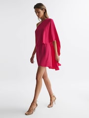 Reiss Bright Pink Blake One Shoulder Cape Mini Dress - Image 6 of 6