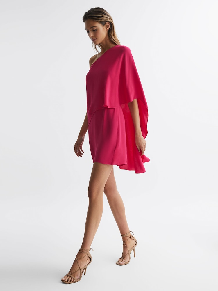Reiss Bright Pink Blake One Shoulder Cape Mini Dress - Image 6 of 6