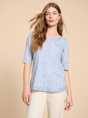 White Stuff Blue Weaver Jersey 100% Cotton Top - Image 1 of 7